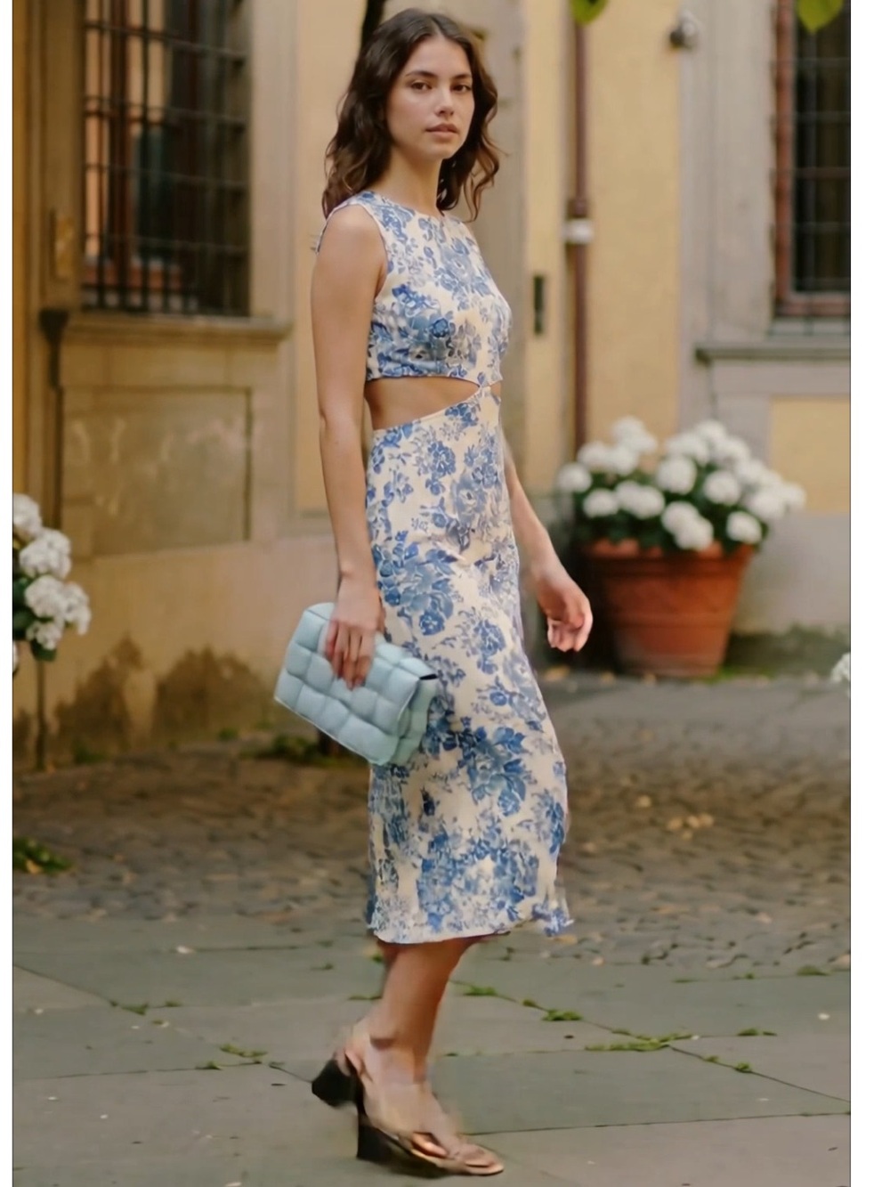 Reformation Benny Midi Dress Olympia Blue Floral Cutout Flutter Sleeve Dress -4